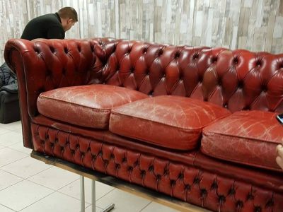 Lether Restore – before Faded Chesterfield sofa